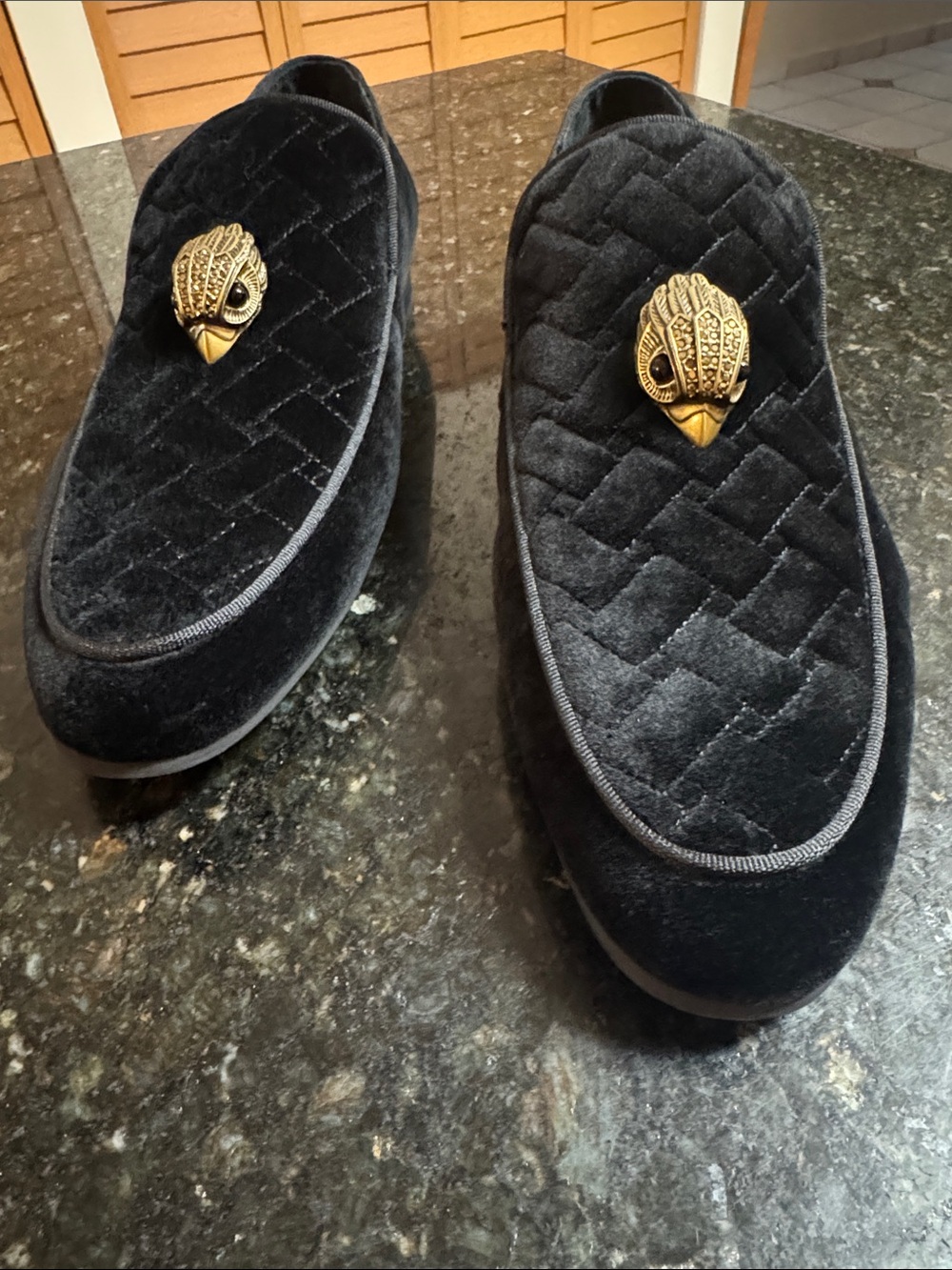 NEW NEW Black Velvet Men’s Slip-On Loafers with Gold Emblem